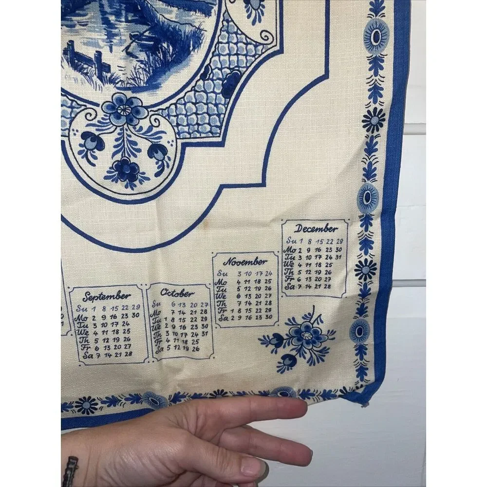 Beautiful Tea Towel Highlighting Holland Countryside. 1974 Calendar. Blue And Wh